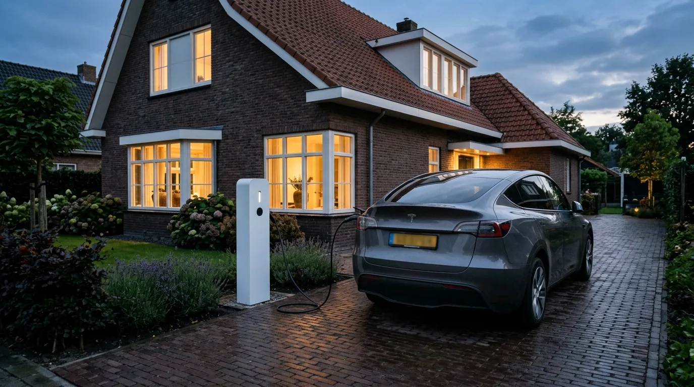 Elektrische auto aan een witte laadpaal op de eigen oprit van een Nederlandse woning in de avondschemering