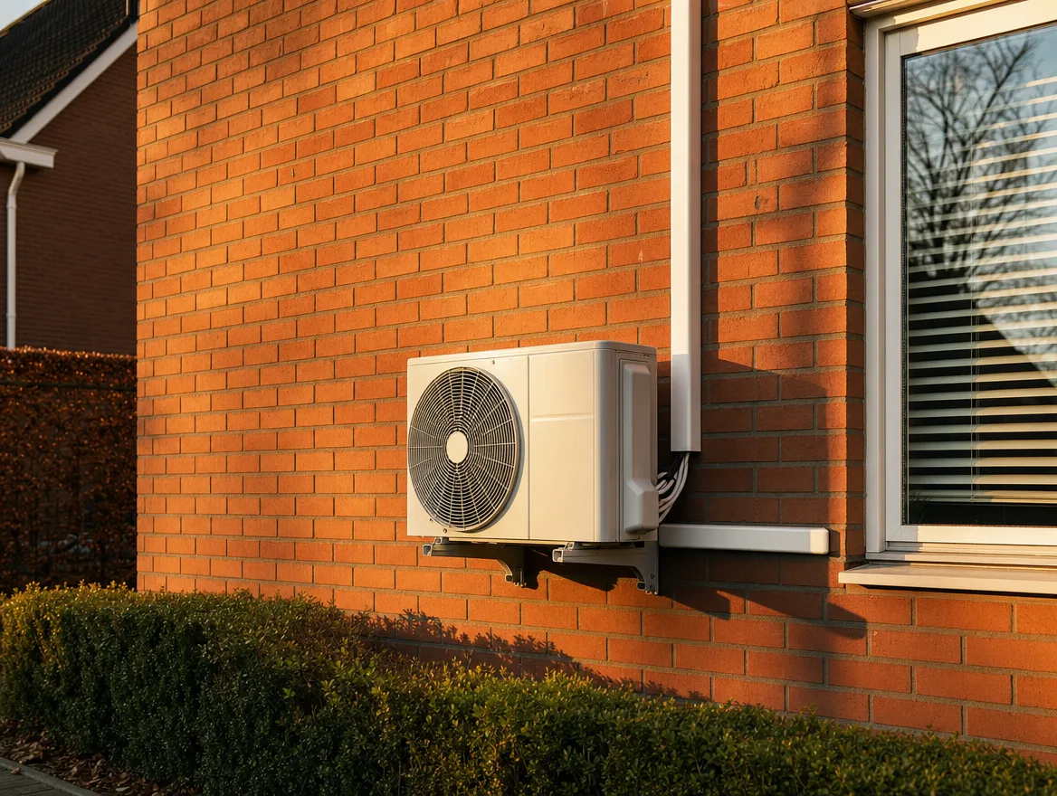 Witte airco-buitenunit netjes gemonteerd op een schone bakstenen gevel in warm avondlicht