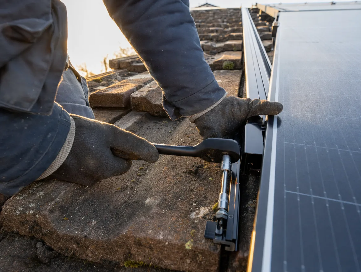 Handen van een installateur aan het werk in het gouden avondlicht