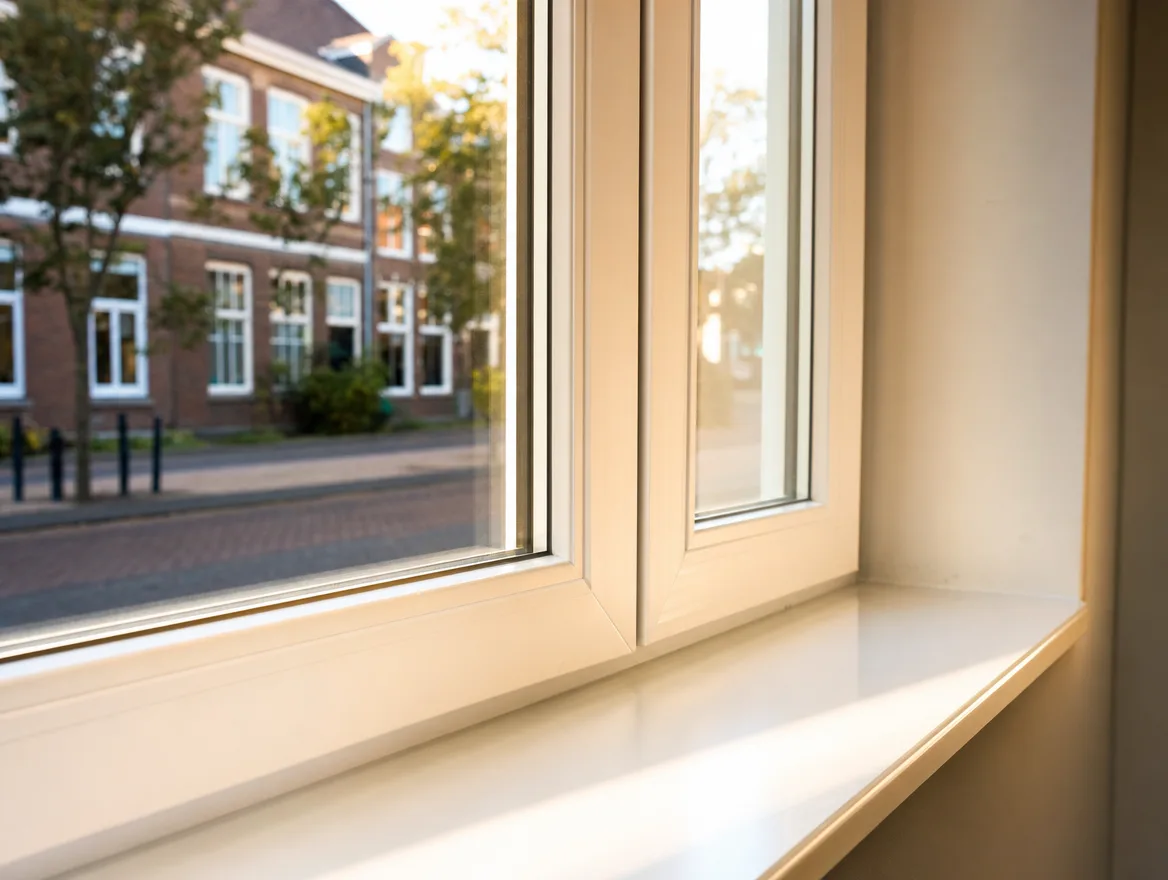 Nieuwe witte kunststof kozijnen met zicht op een rustige Nederlandse straat in warm middaglicht