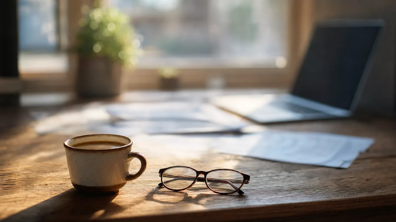 Keukentafel met een kop koffie en een leesbril scherp in beeld, met papieren en een laptop onscherp op de achtergrond in warm ochtendlicht