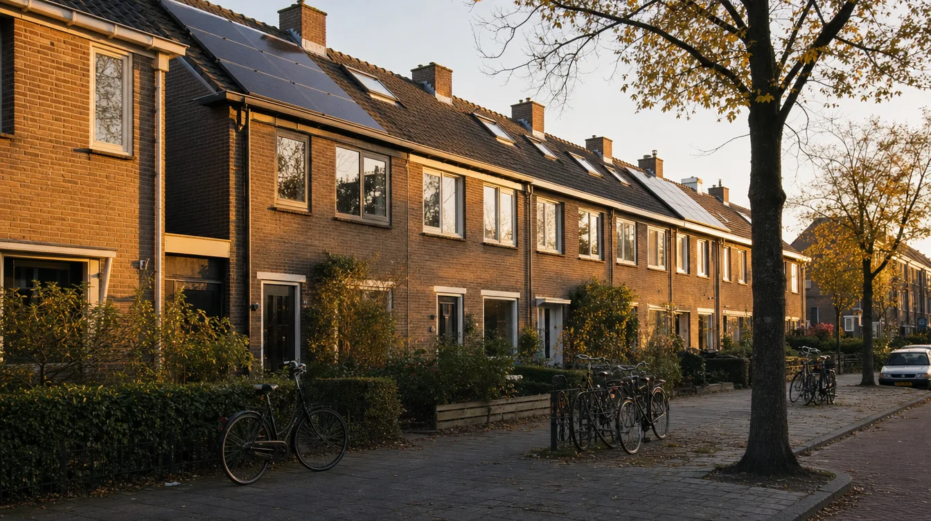 Straat met Nederlandse rijtjeswoningen in het gouden avondlicht, met fietsen langs de stoep en zonnepanelen op enkele daken