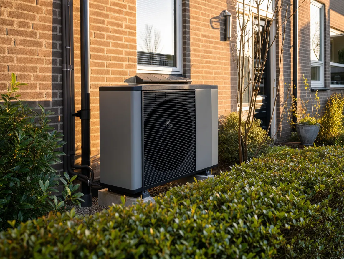 Een warmtepomp aan de gevel van een Nederlandse woning in gouden avondlicht