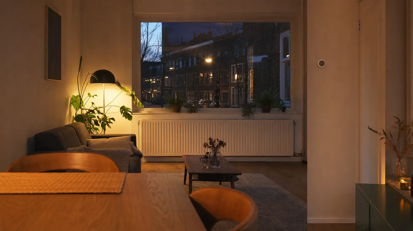 Warme woonkamer in de avond met een witte radiator onder het raam en zicht op een verlichte straat