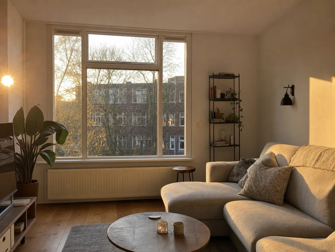 Rustige woonkamer in warm avondlicht met uitzicht op een Nederlandse straat