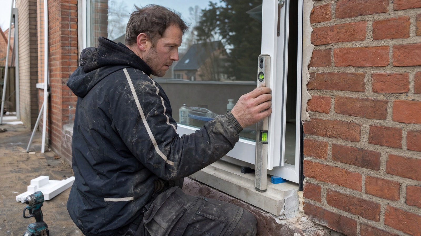 Vakman installeert een kunststof kozijn in een bakstenen gevel en controleert het waterpas