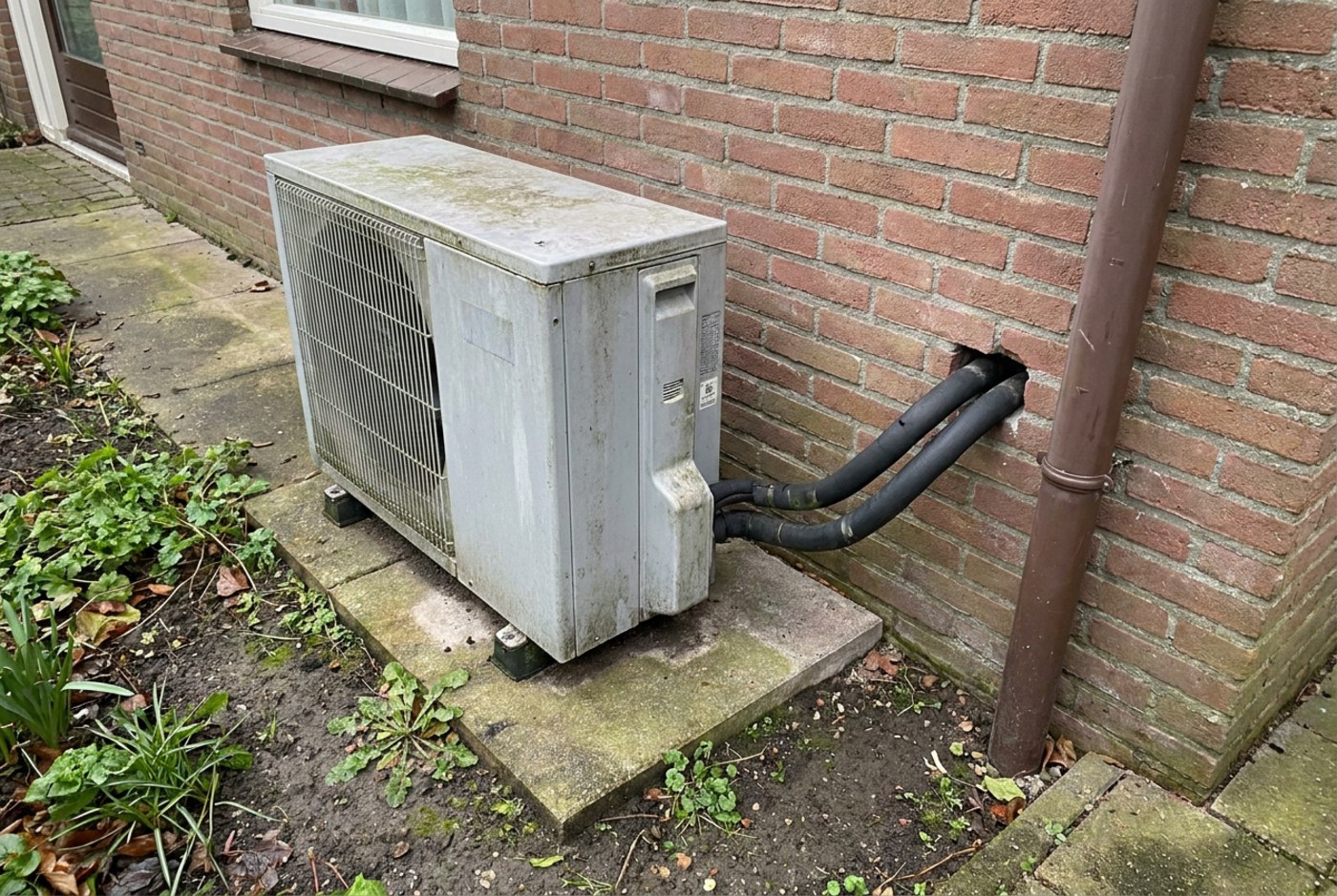 Buiten-unit van een warmtepomp op een tegel langs de gevel